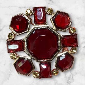 Monet Red Gem Statement Brooch Gold Tone Vintage Style Costume Jewelry Pin